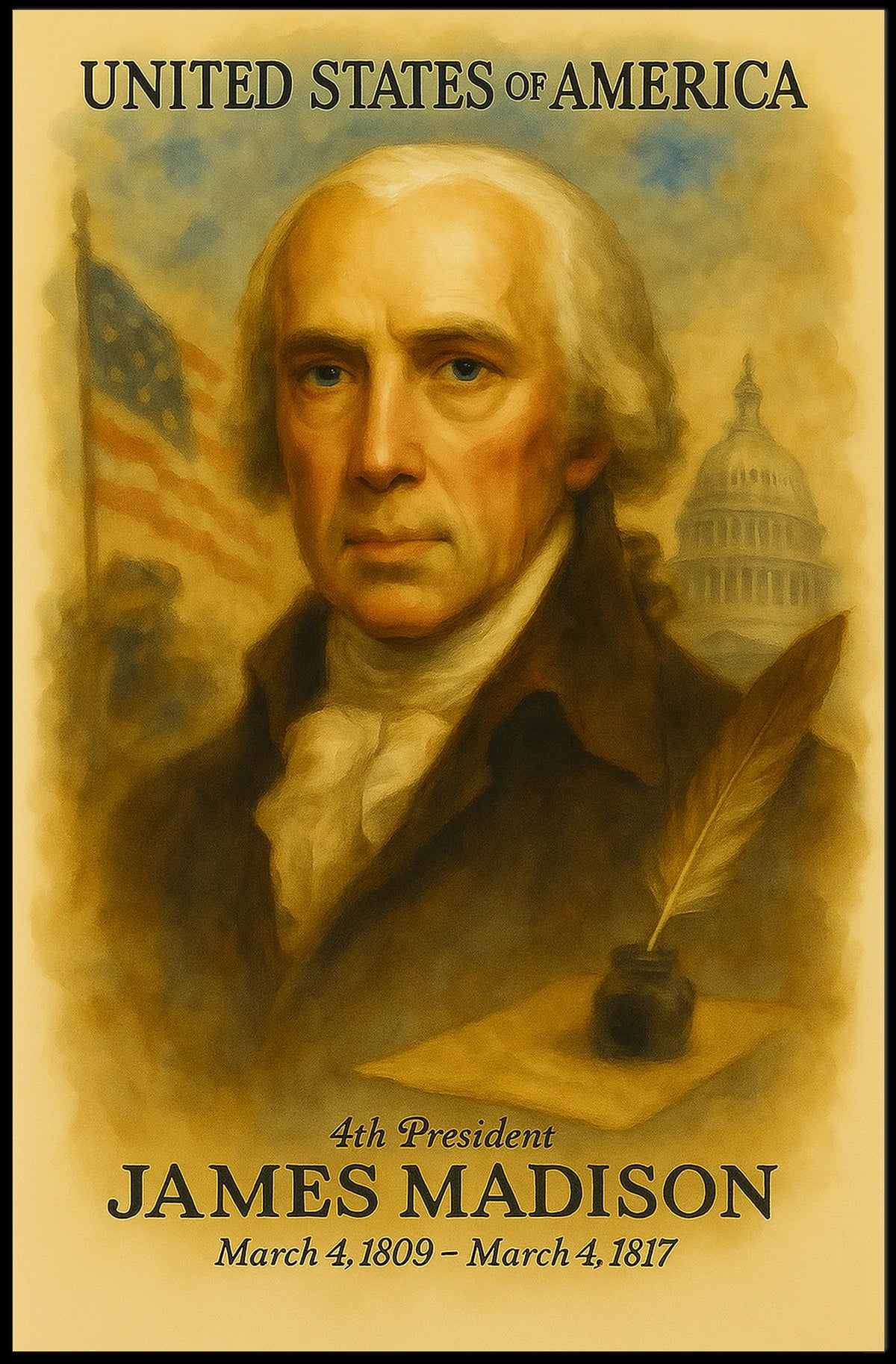 James Madison 4th President of the United States Vintage Watercolor Poster