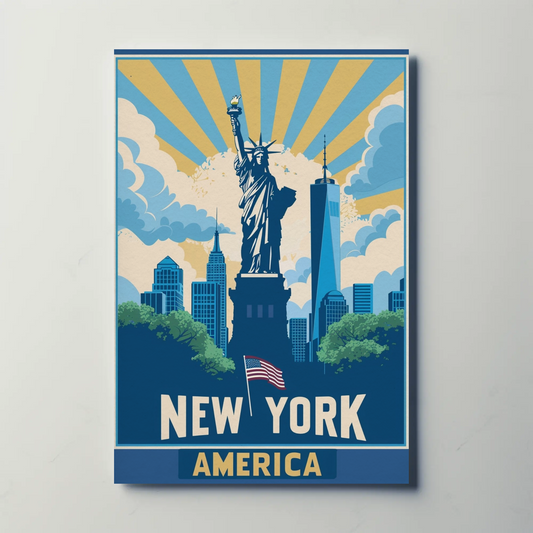 New York America Skyline Liberty Sunrise Vintage Travel Poster