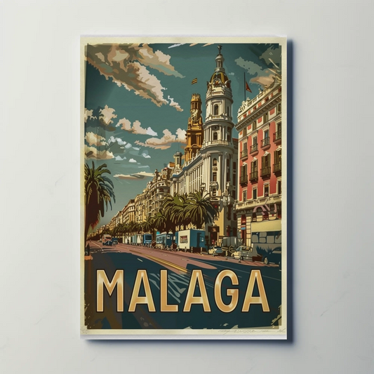 Malaga Urban Cityscape with Palm-Lined Boulevard Travel Poster