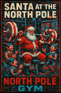 Santa Claus Weightlifting at Retro Gym Pop Culture Poster