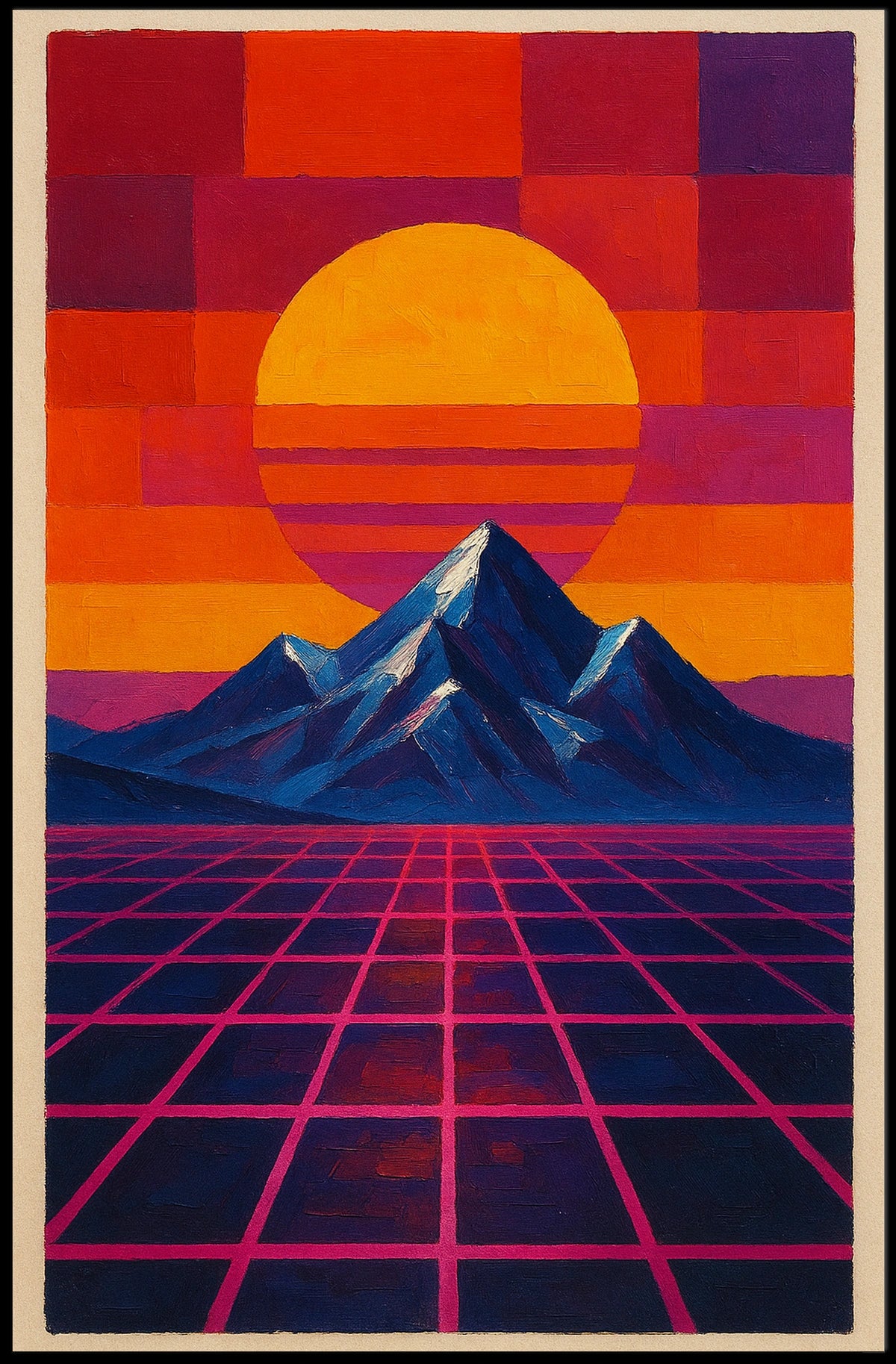 Retro-Futuristic Sunrise on Geometric Sci-Fi Landscape Poster
