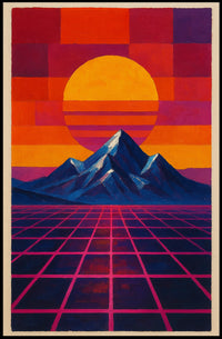 Retro-Futuristic Sunrise on Geometric Sci-Fi Landscape Poster