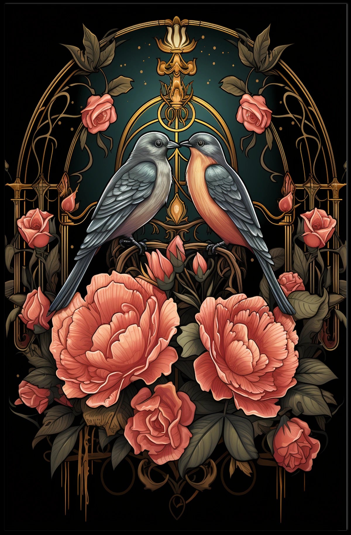 Art Nouveau Birds and Roses Vintage Poster