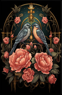 Art Nouveau Birds and Roses Vintage Poster