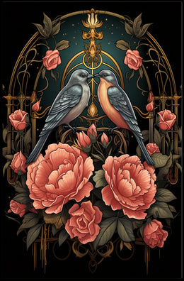 Art Nouveau Birds and Roses Vintage Poster