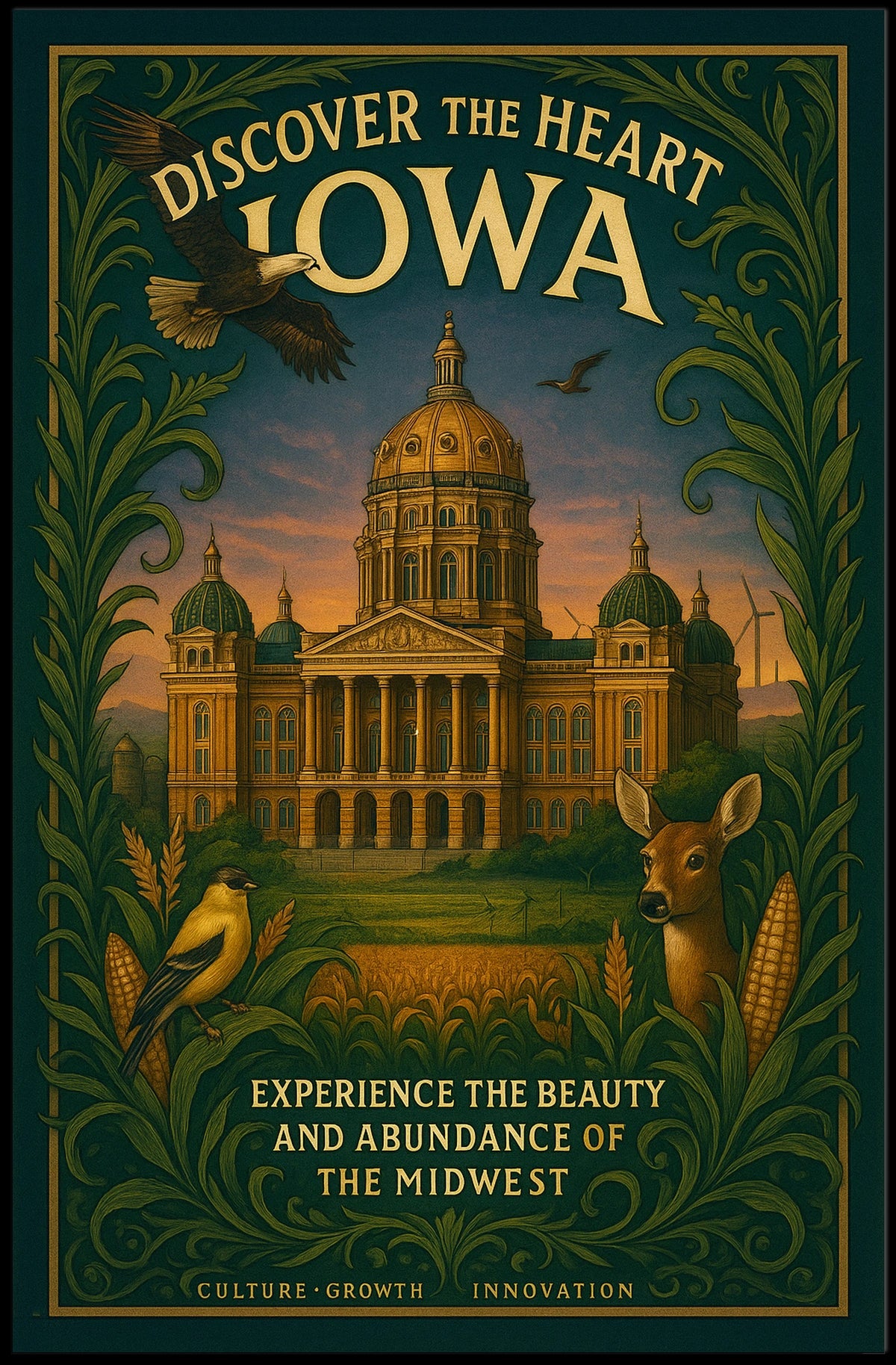 Iowa Beauty Vintage Architecture Wildlife Poster
