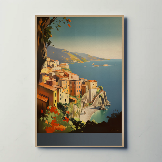 Italy Coastal Village Cliffs Blue Sea Vintage Travel Poster