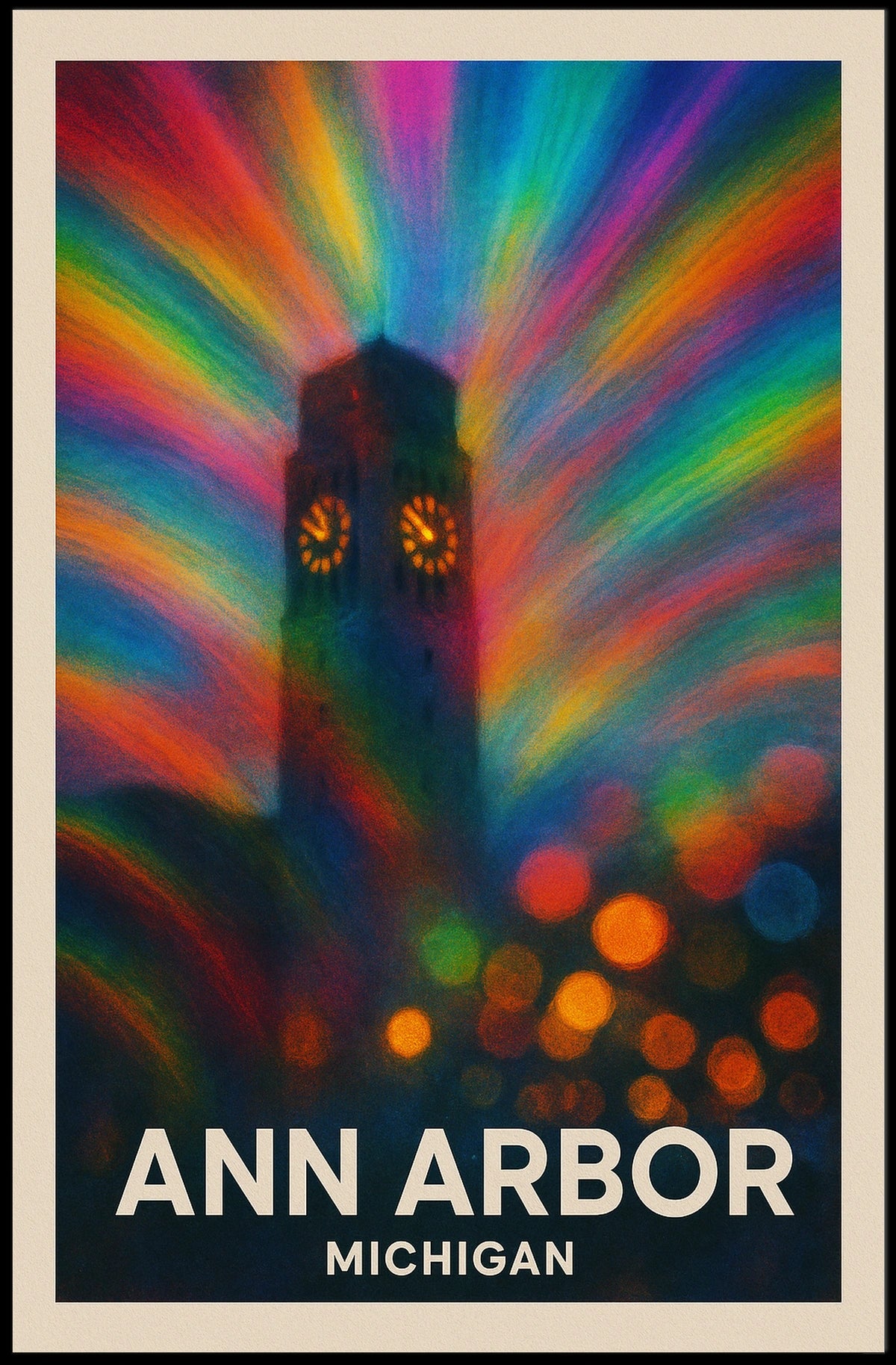 Ann Arbor Clock Tower Rainbow Surreal Urban Poster