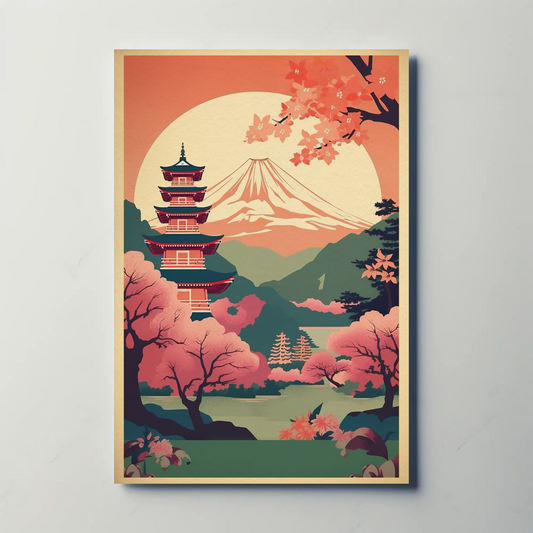 Japan Fuji Pagoda Sakura Moon Spring Sunset Travel Poster
