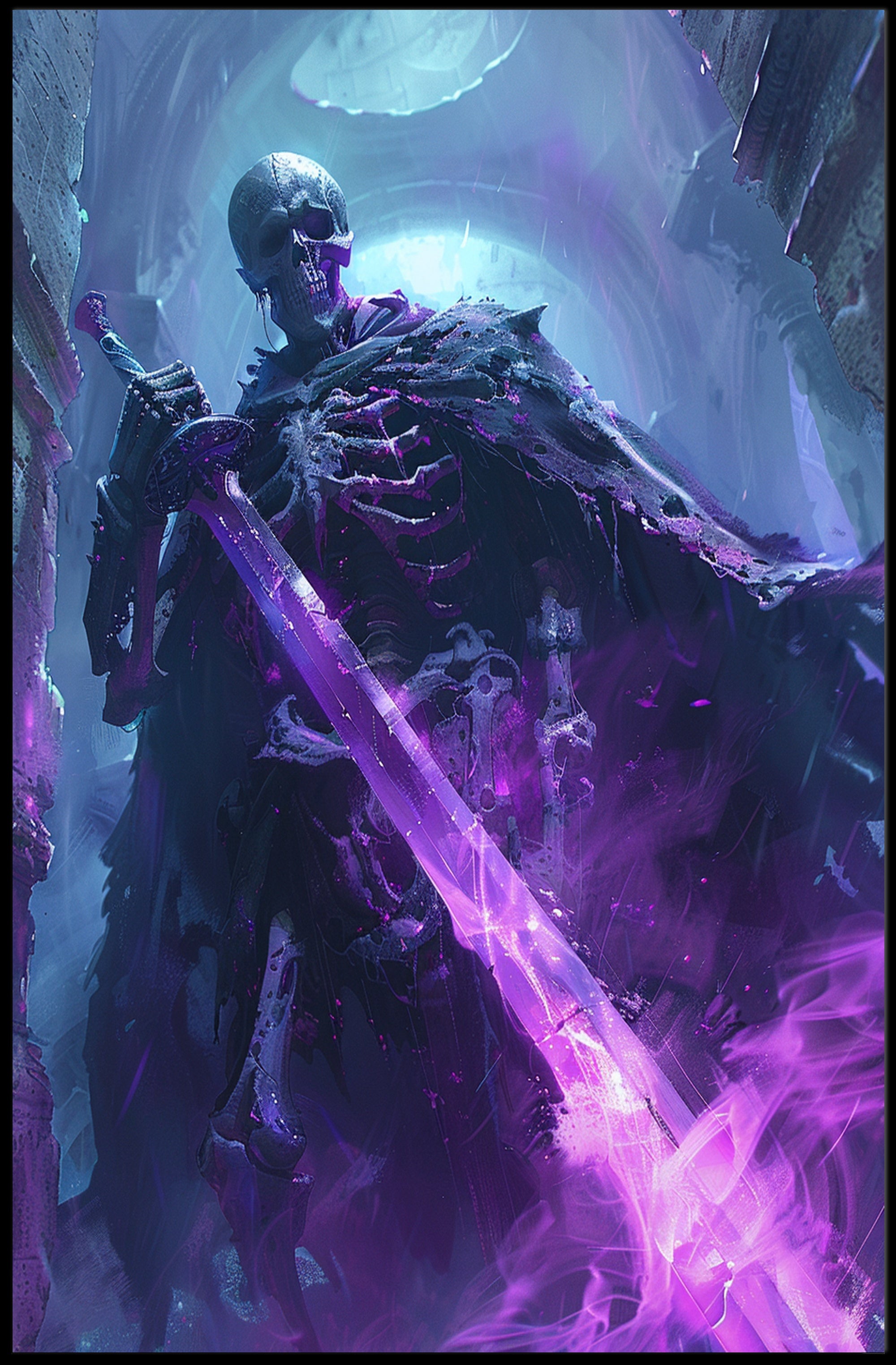 Skeletal Reaper Wields Glowing Sword in Fantasy Mythology Poster PosterGoat