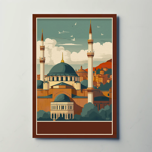Turkey Mosque Minarets Hillside Sunset Vintage Travel Poster