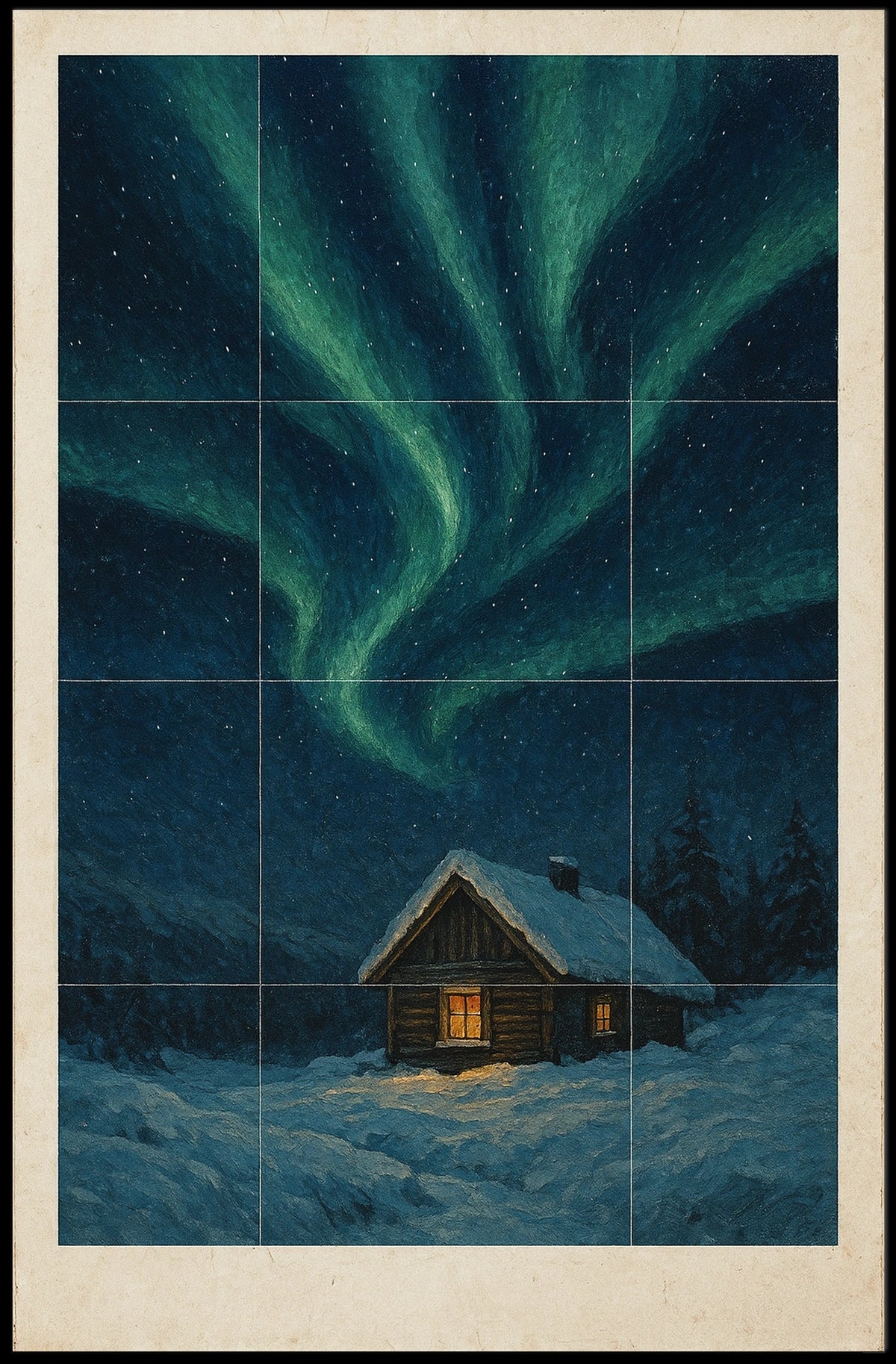 Northern Lights Over Snowy Cabin Poster