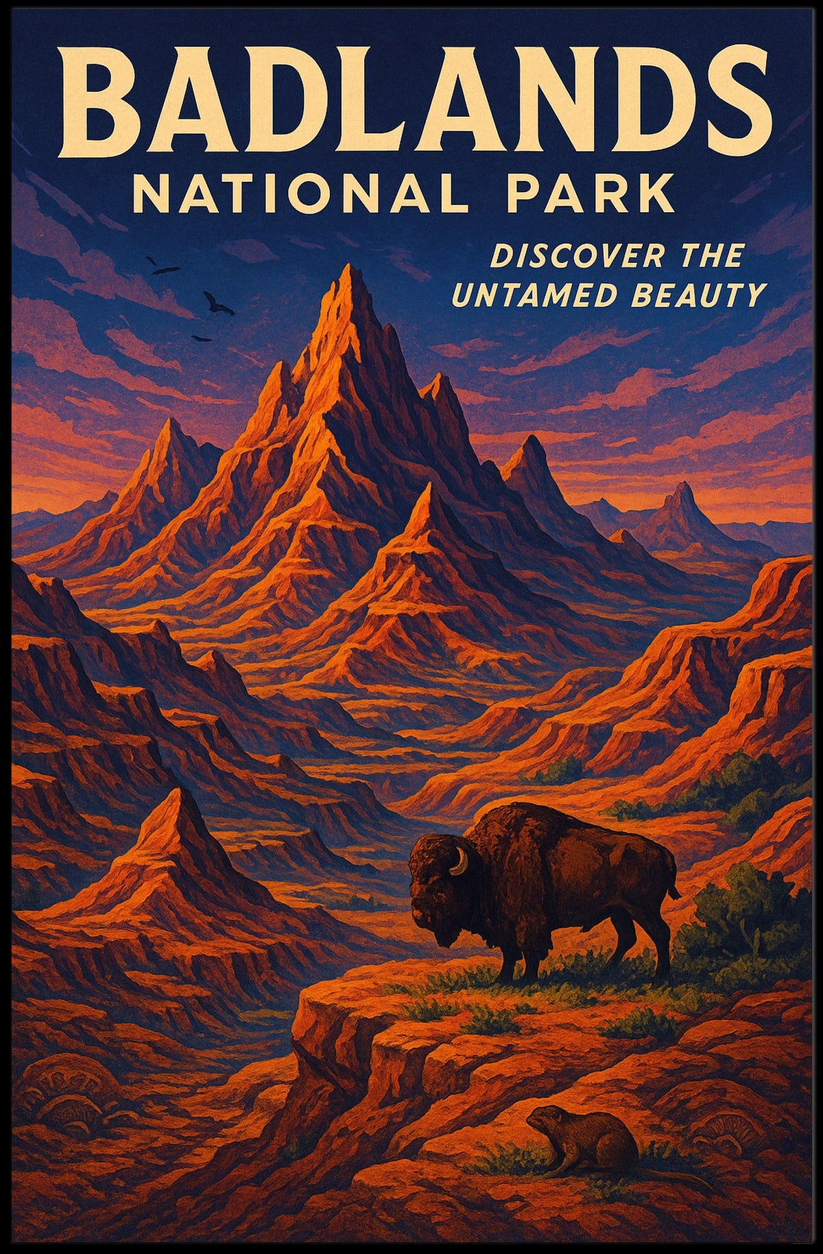 Badlands National Park Vintage Bison Adventure Poster