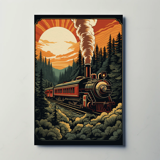 Vintage Steam Train Forest Railway Sunset Travel Poster