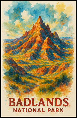 Badlands National Park Vibrant Watercolor Landscape Poster