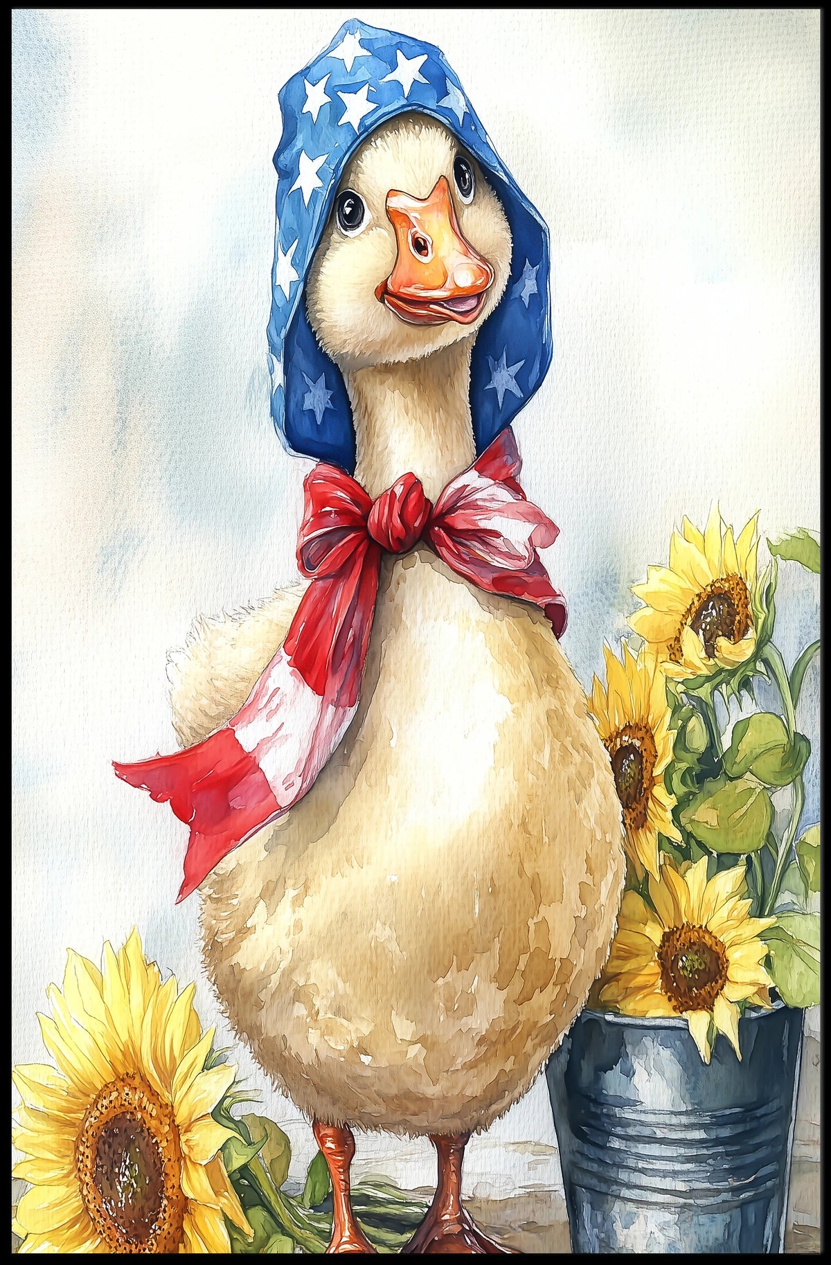 Chubby Goose In Star Spangled Bonnet With Sunflowers Poster