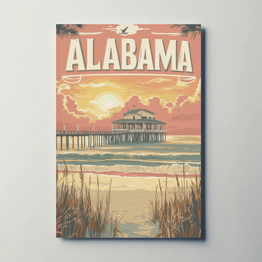 Alabama Pier at Sunset Vintage Travel Poster
