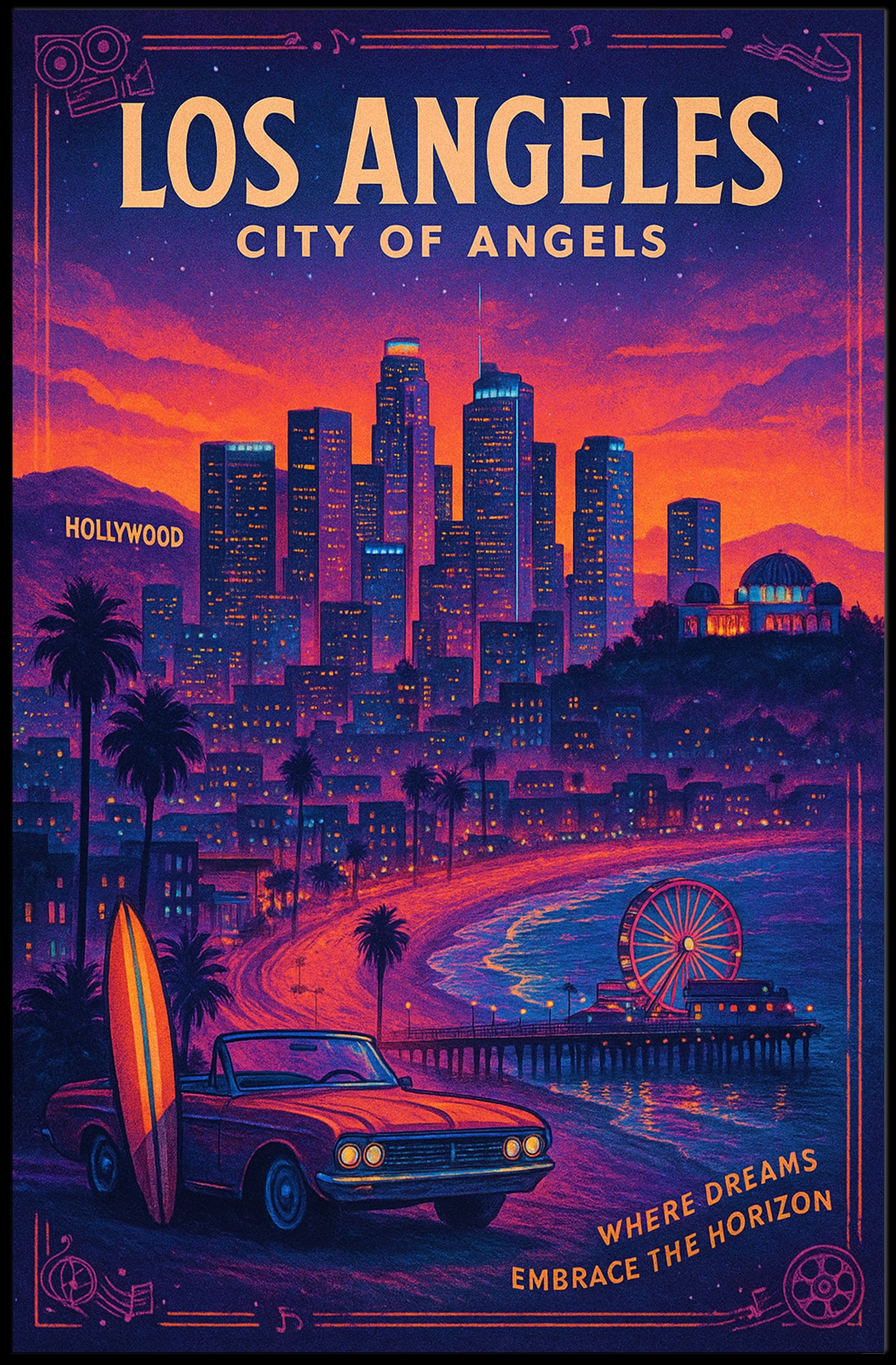 Los Angeles Cityscape Retro Travel Poster