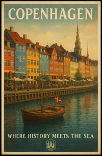 Copenhagen Waterfront Nyhavn Vintage Travel Scene Poster