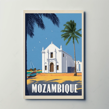 Mozambique Tropical Landmark Vintage Travel Poster