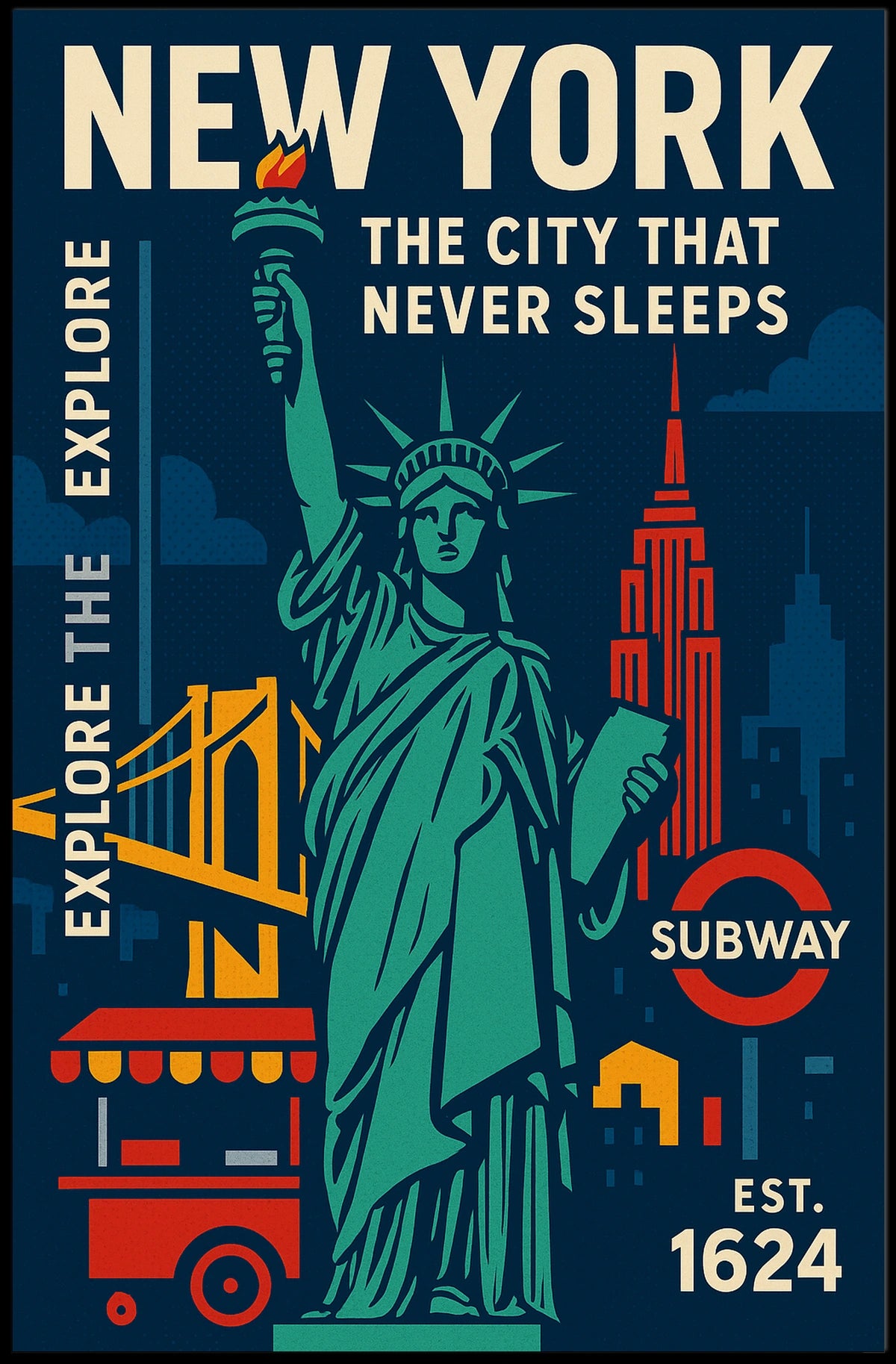 New York City Icons Travel Poster Retro Urban Wall Art