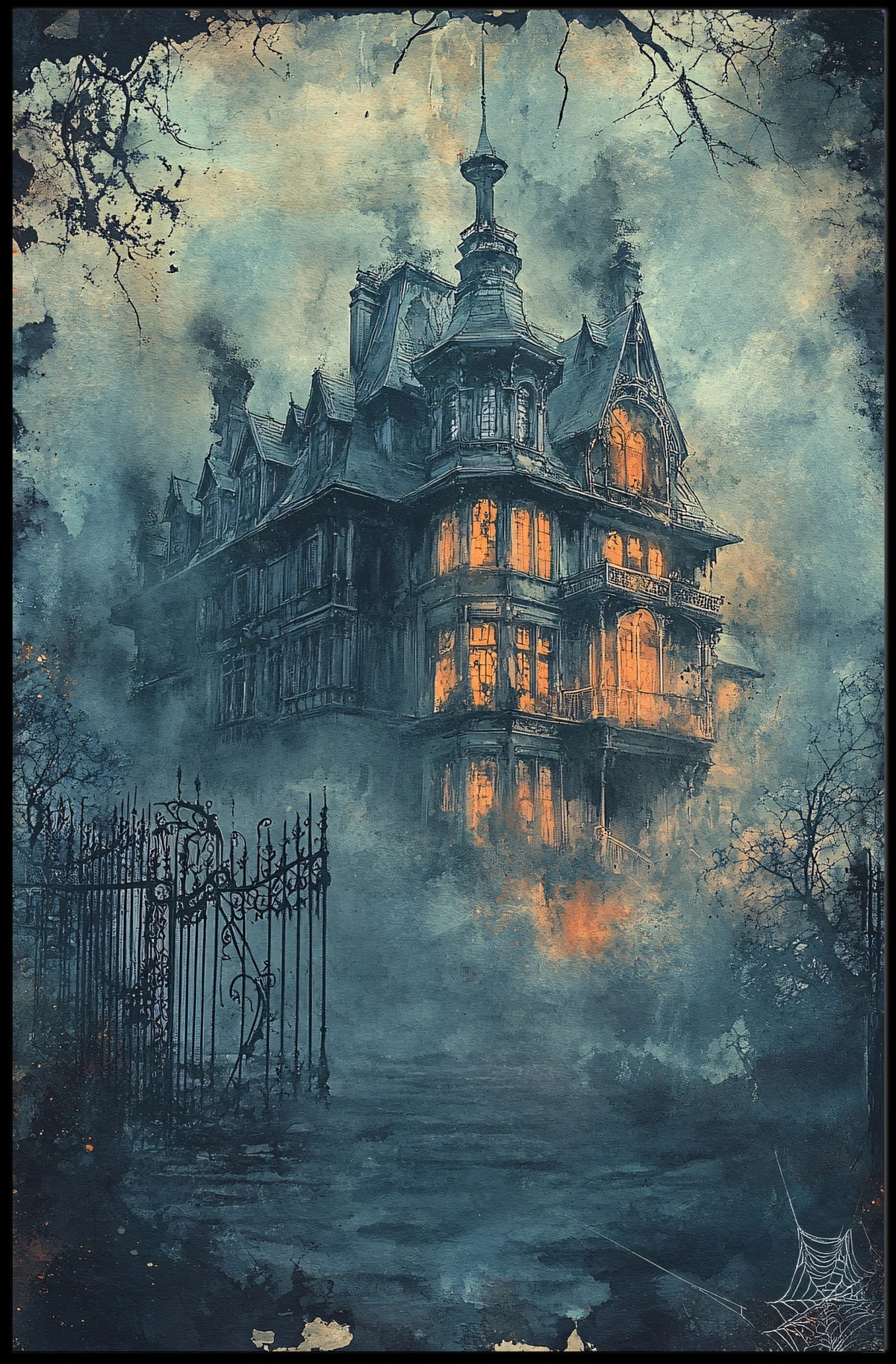 Victorian Haunted Mansion Misty Night Wall Art Poster