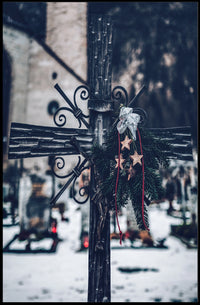 Winter Cemetery Scene with Wreath and Cross Poster