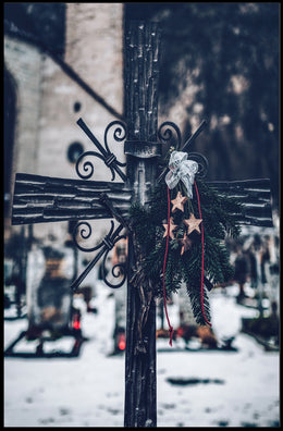 Winter Cemetery Scene with Wreath and Cross Poster