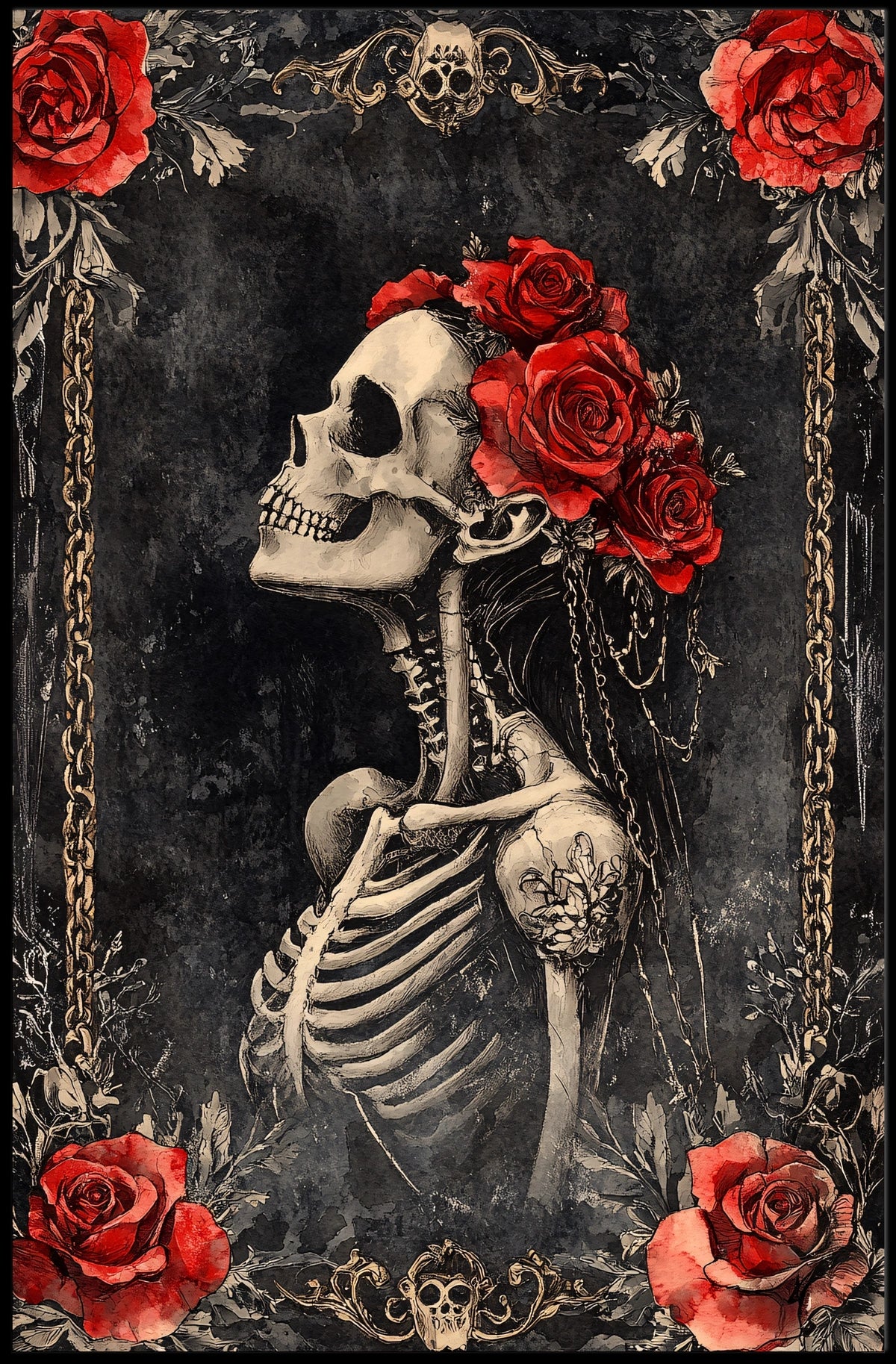 Gothic Floral Skeleton Art Print Pop Culture Poster