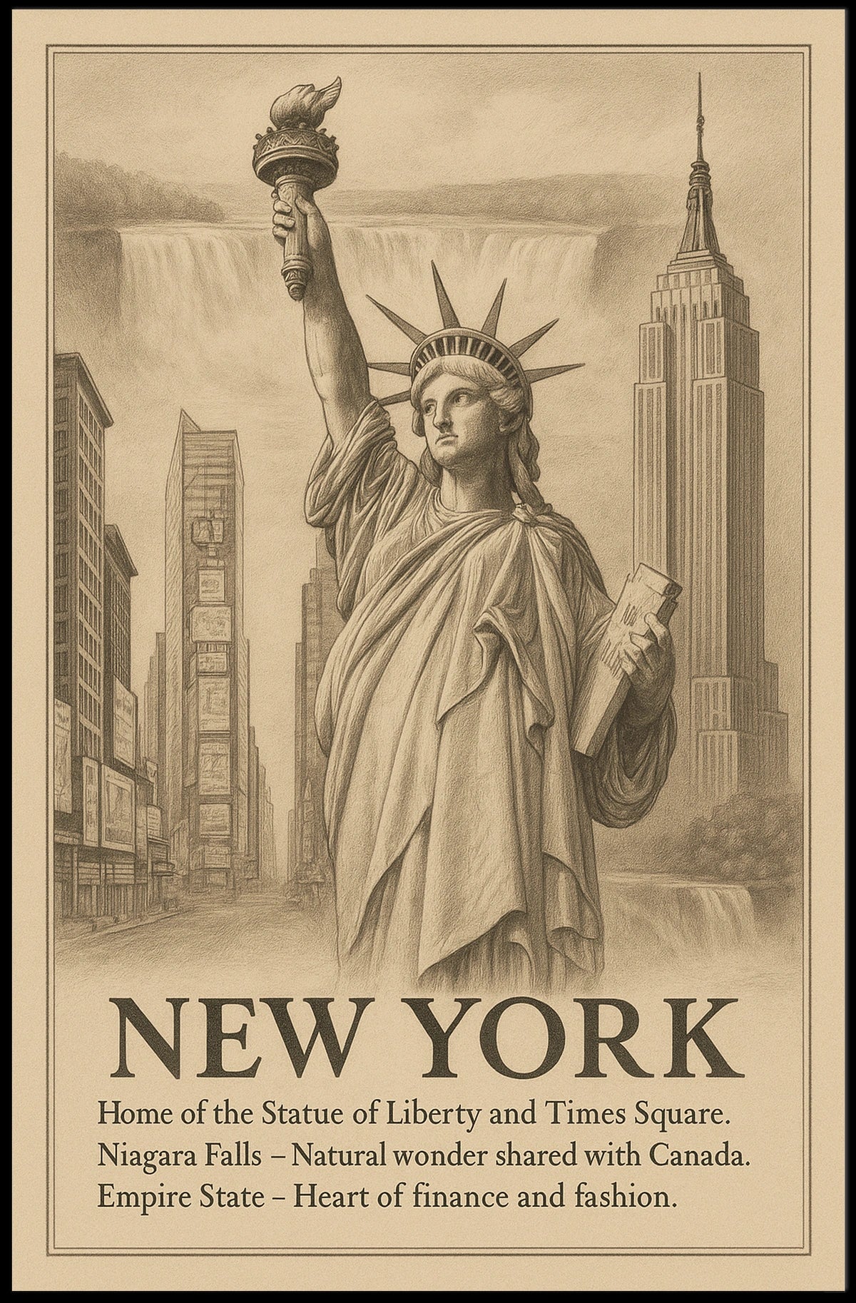 New York City Landmarks Skyline Poster Vintage Wall Art