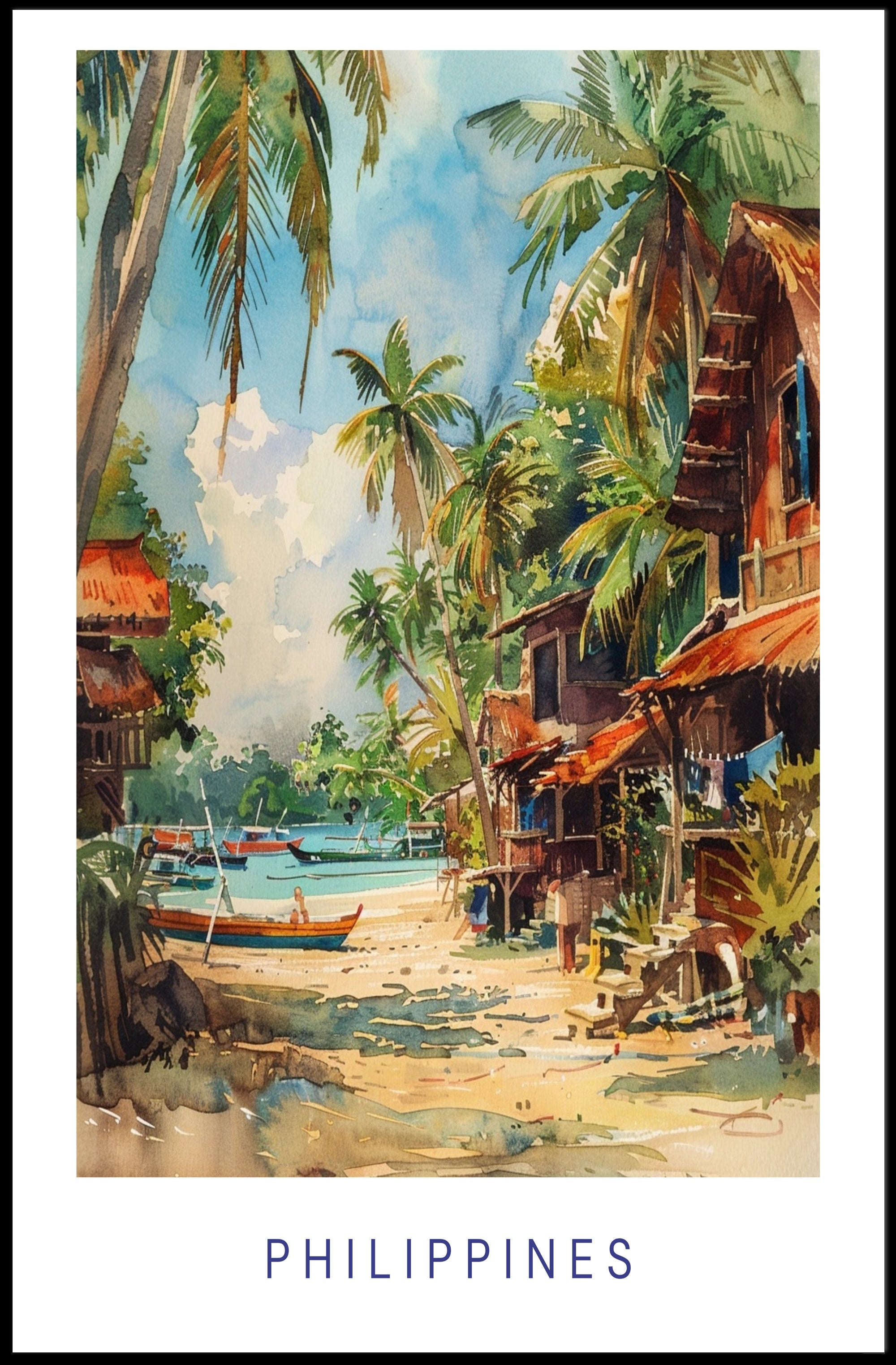 Tropical Coastal Serenity in Watercolor Travel Poster PosterGoat