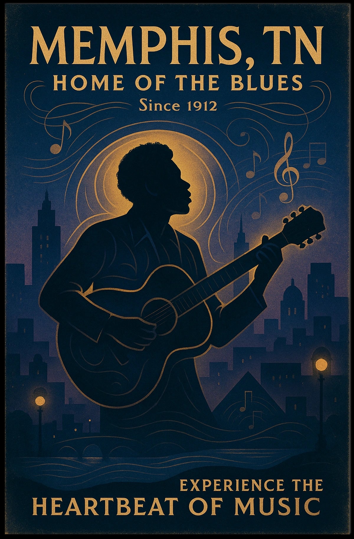 Memphis Blues Guitarist Vintage Cityscape Poster