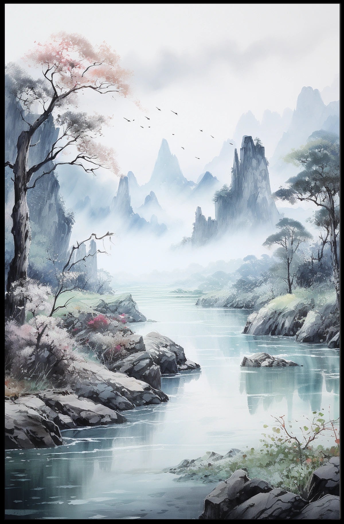 Tranquil River Valley East Asian Landscape Artistic Poster