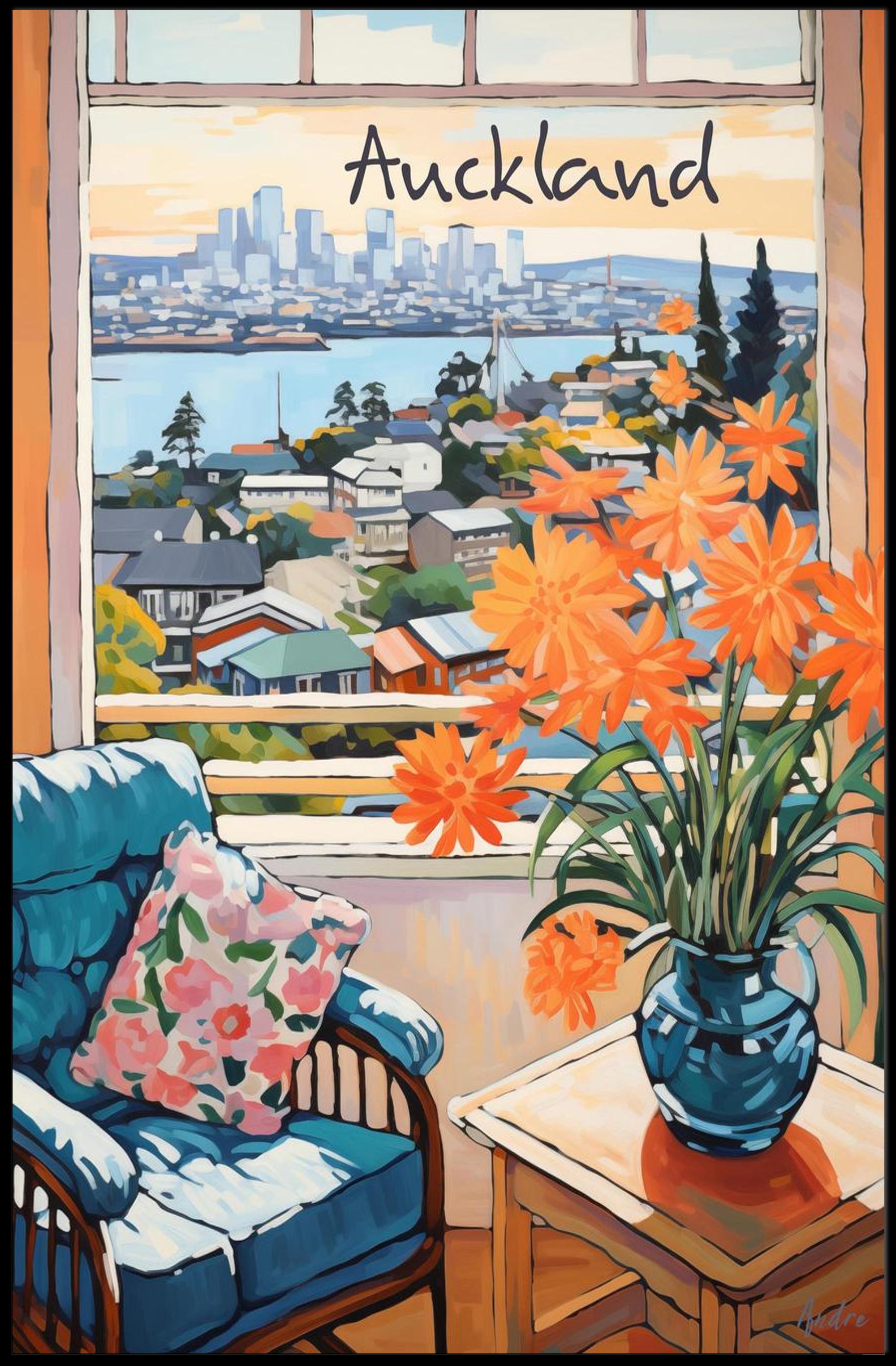 Scenic View of Auckland: Cozy Interior with Blue Armchair and Harbor Poster