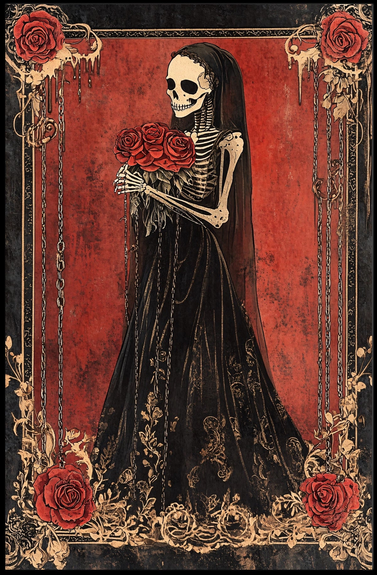 Skeletal Figure Red Roses Cultural or Heritage Poster