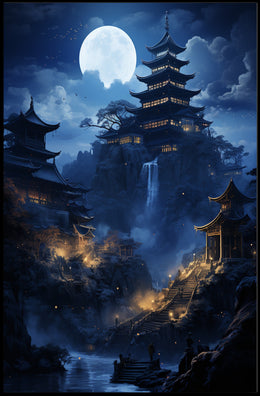 Moonlit Pagoda Serenity Poster