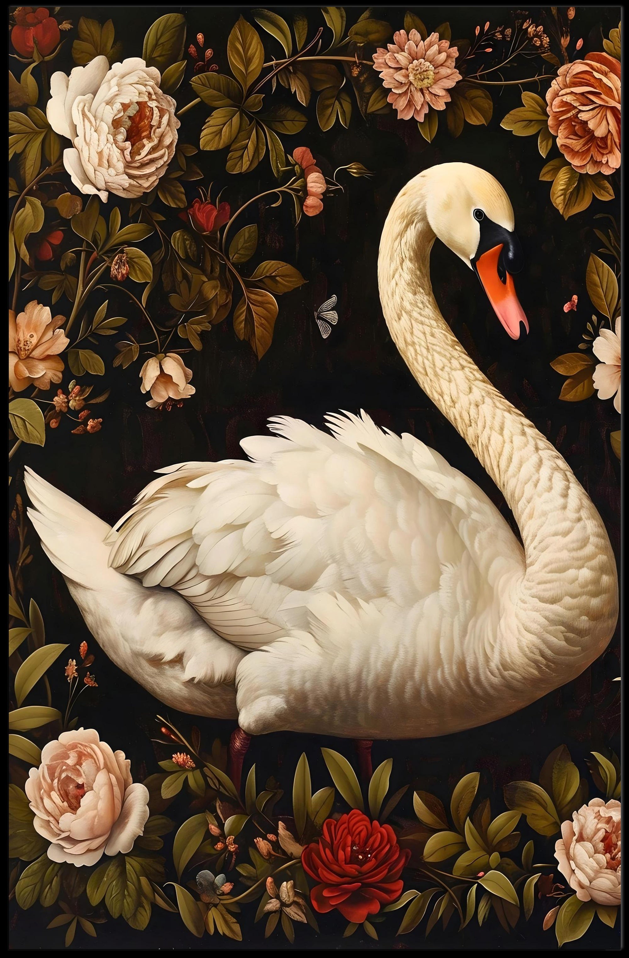 Graceful Swan Wall Art Amidst Blossoms