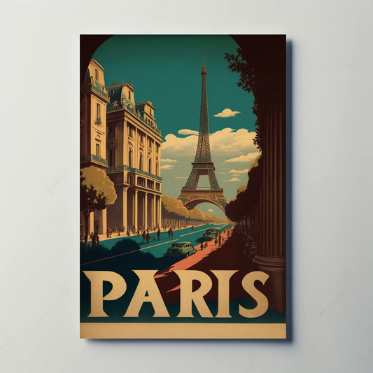 Paris Eiffel Tower Avenue Scene Vintage Travel Poster