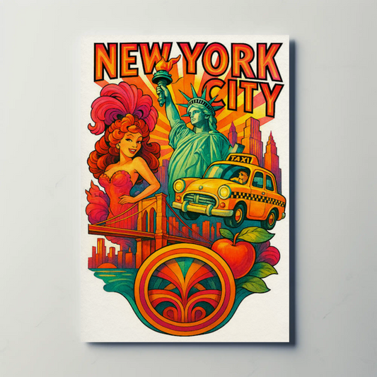 New York City Statue Brooklyn Bridge Vintage Taxi Travel Poster