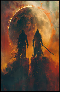 Epic Warriors Under Fiery Moon Fantasy or Mythology Poster PosterGoat