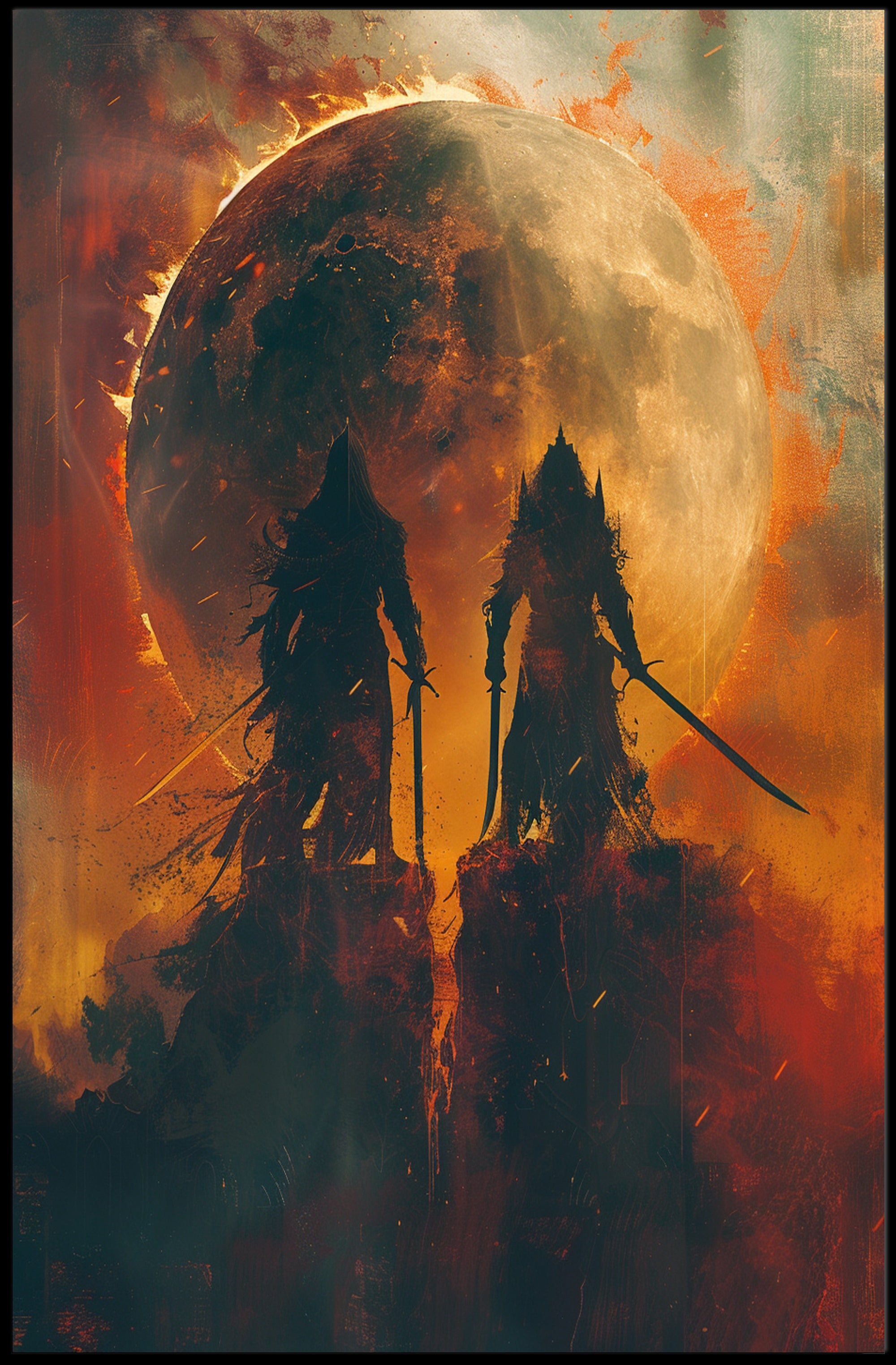 Epic Warriors Under Fiery Moon Fantasy or Mythology Poster PosterGoat