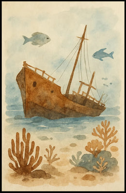Sunken Ship Underwater Scene Artistic Poster