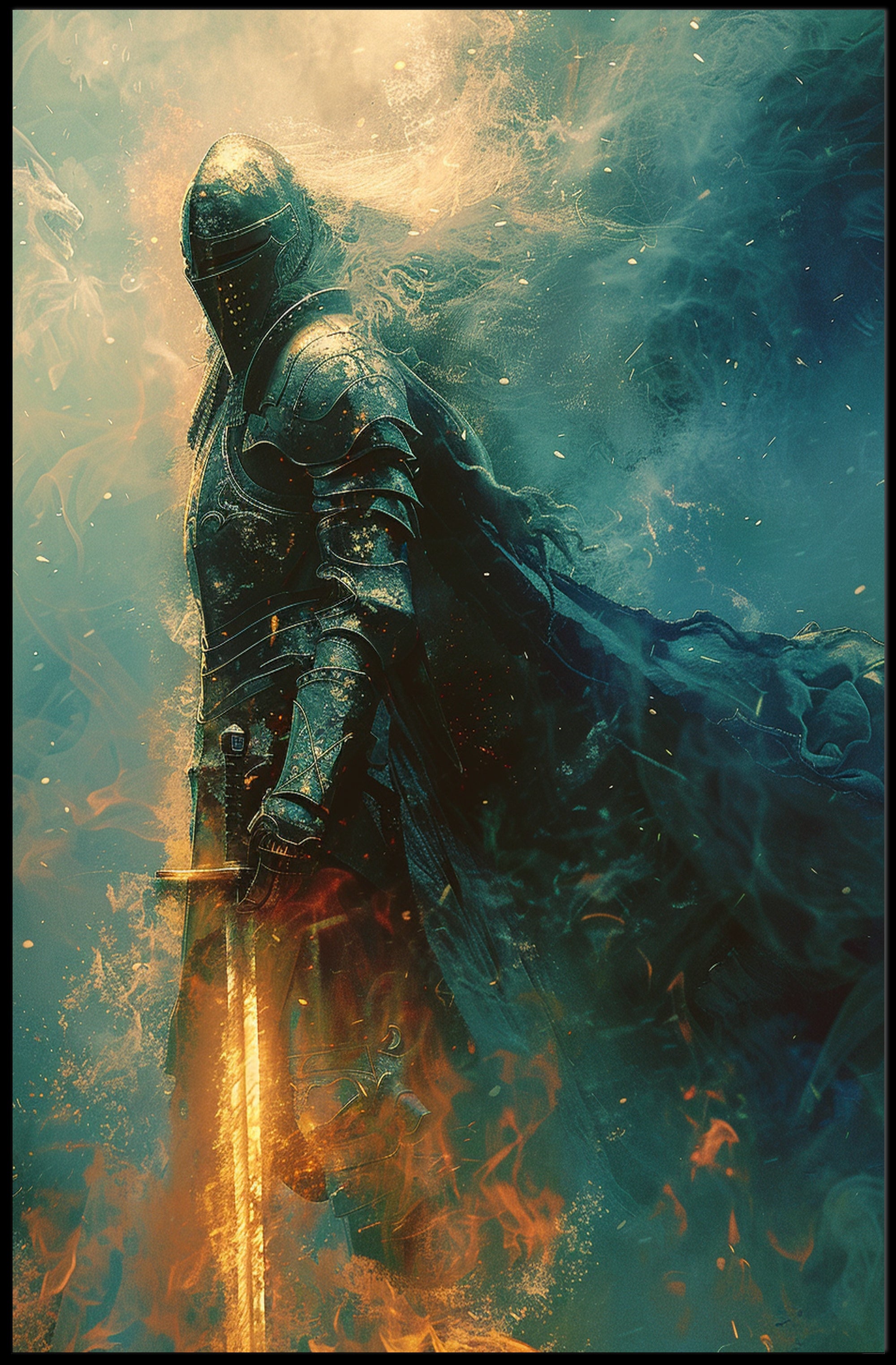 Medieval Knight with Glowing Sword Fantasy or Mythology Poster PosterGoat