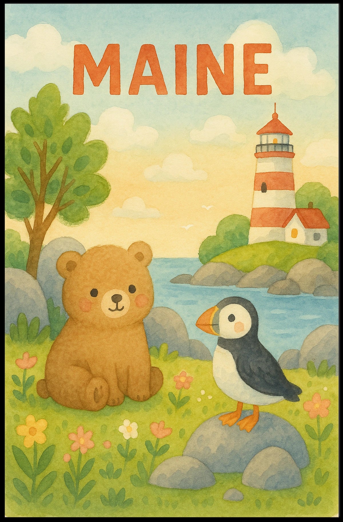 Maine Wildlife and Lighthouse Poster