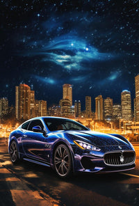 Luxury Maserati in Urban Skyline Futuristic Sci-Fi Poster