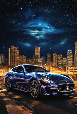 Luxury Maserati in Urban Skyline Futuristic Sci-Fi Poster