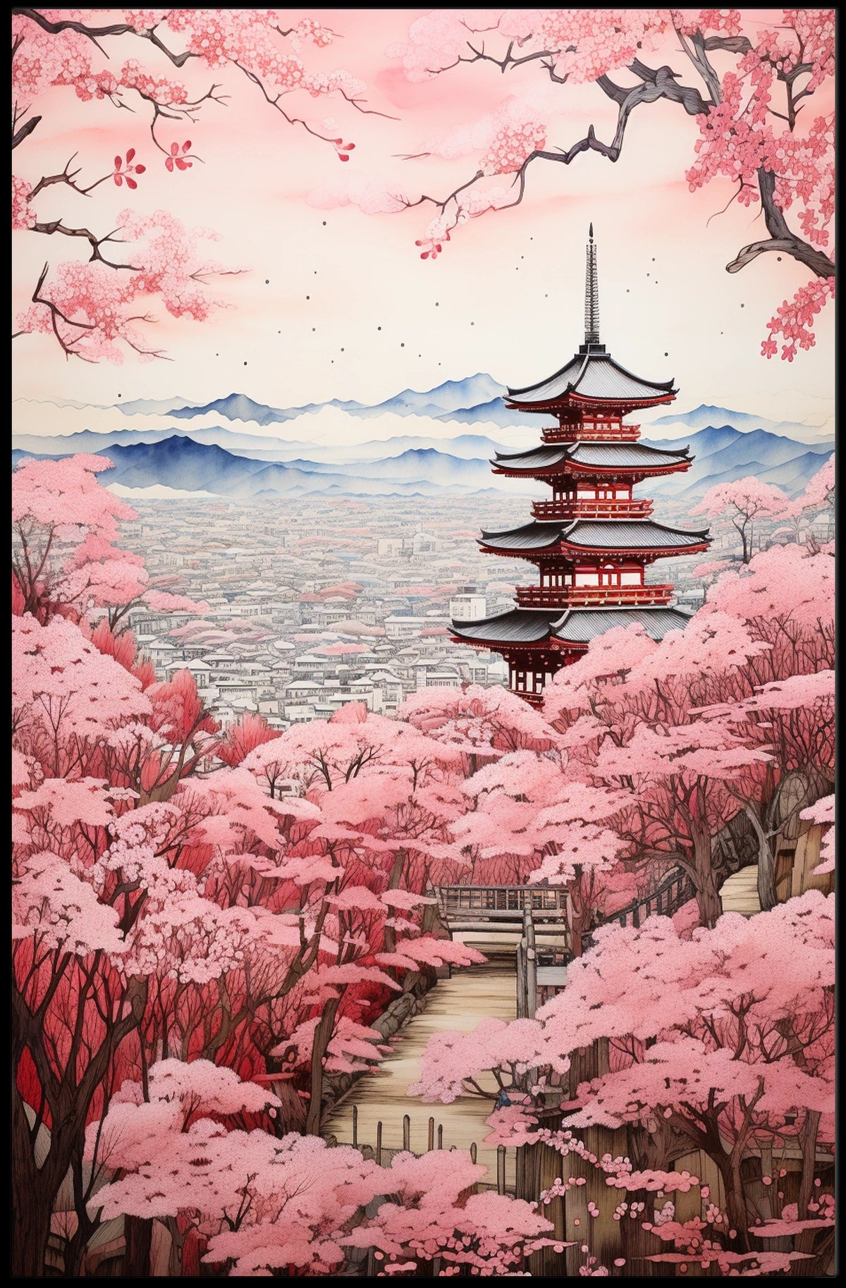 Serene Japanese Landscape with Blossoms Cultural Heritage Poster