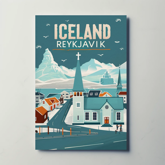 Iceland Reykjavik Vintage Travel Poster - Mountains & Church