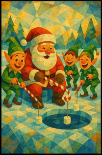 Whimsical Christmas Poster: Santa and Elves Ice Fishing