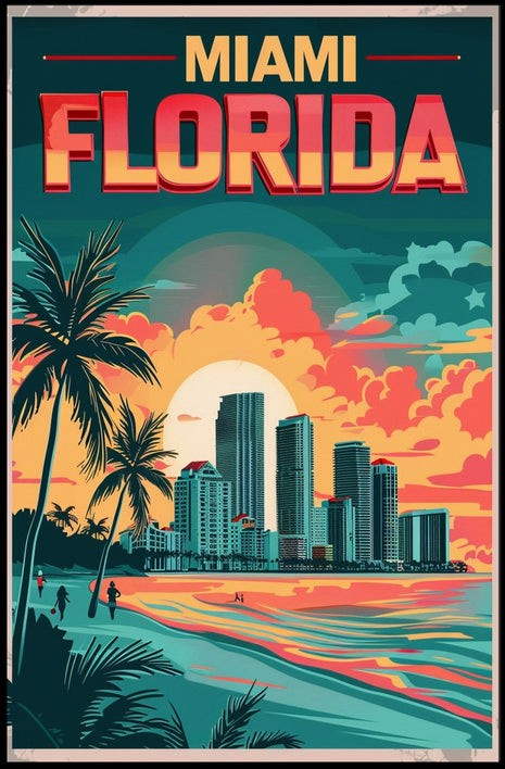 Miami Beachfront Skyline Retro Art Travel Poster